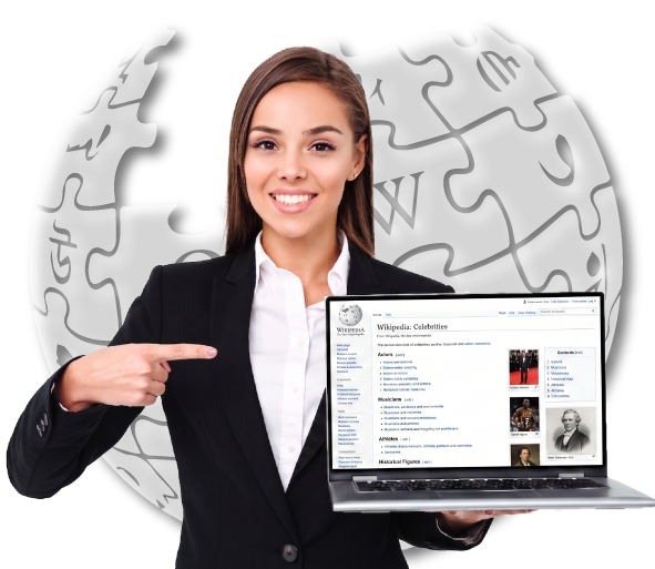 Celebrity Wikipedia page creation expert pointing at laptop displaying Wikipedia celebrities category page