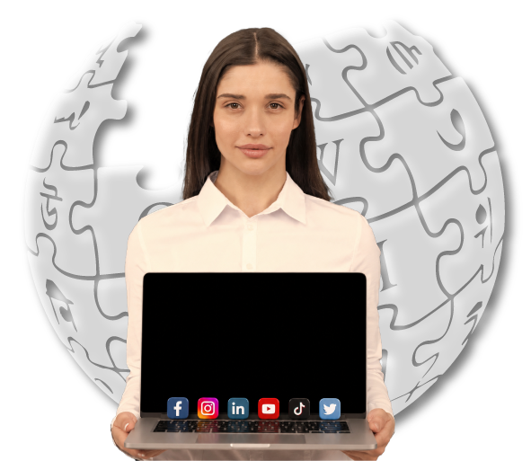 Influencer Wikipedia page creation expert holding laptop with Facebook, Instagram, LinkedIn, YouTube, TikTok and Twitter icons