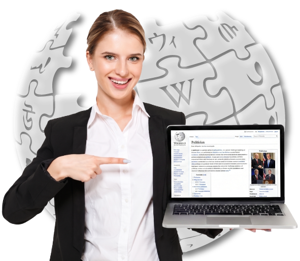 Politician Wikipedia page writing expert pointing at laptop displaying Wikipedia politician profile page