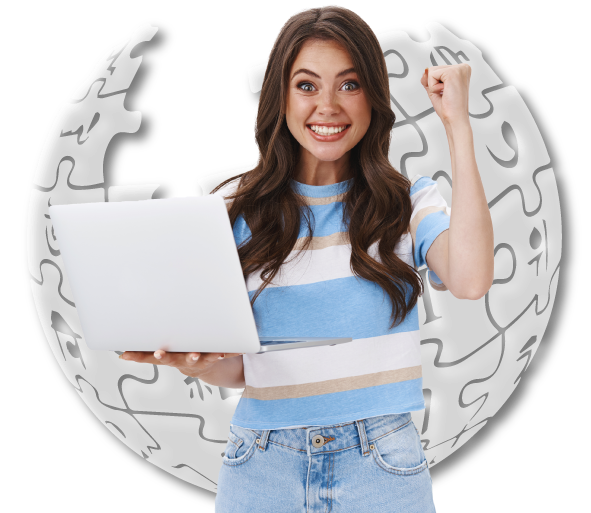 Excited school Wikipedia page writing expert celebrating successful institution page creation with laptop