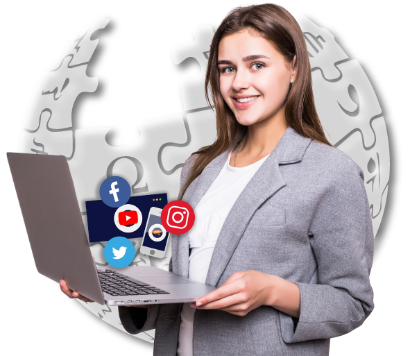Social media influencer marketing expert holding laptop with Facebook, YouTube, Instagram and Twitter icons