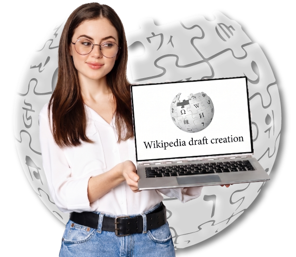 Woman holding laptop displaying Wikipedia draft creation service with Wikipedia globe logo background