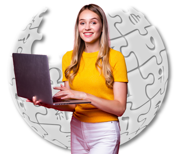 Wikipedia notability assessment expert smiling while working on laptop to evaluate eligibility for Wikipedia page