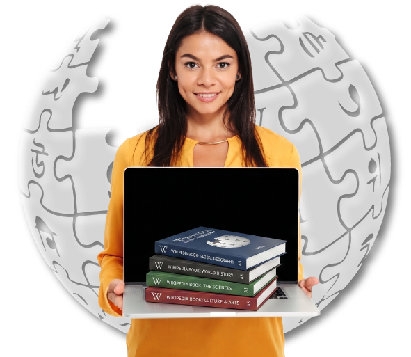 Wikipedia page creation expert holding laptop with stack of published books representing literary Wikipedia services
