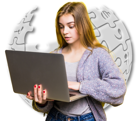 Woman working on laptop with Wikipedia puzzle globe logo background representing page editing services