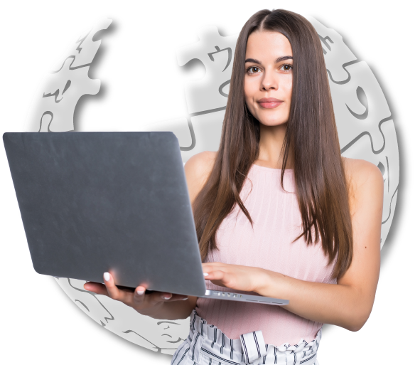 Wikipedia page translation expert holding laptop to translate content for global audience reach
