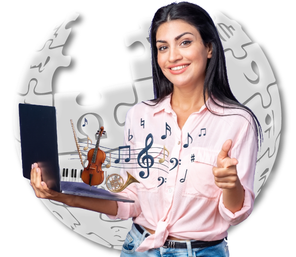 Wikipedia services for musicians expert with laptop displaying musical instruments and notes representing music industry pages