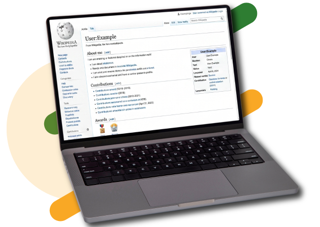 Laptop showing a completed Wikipedia user profile page created by WikiPageCreation experts